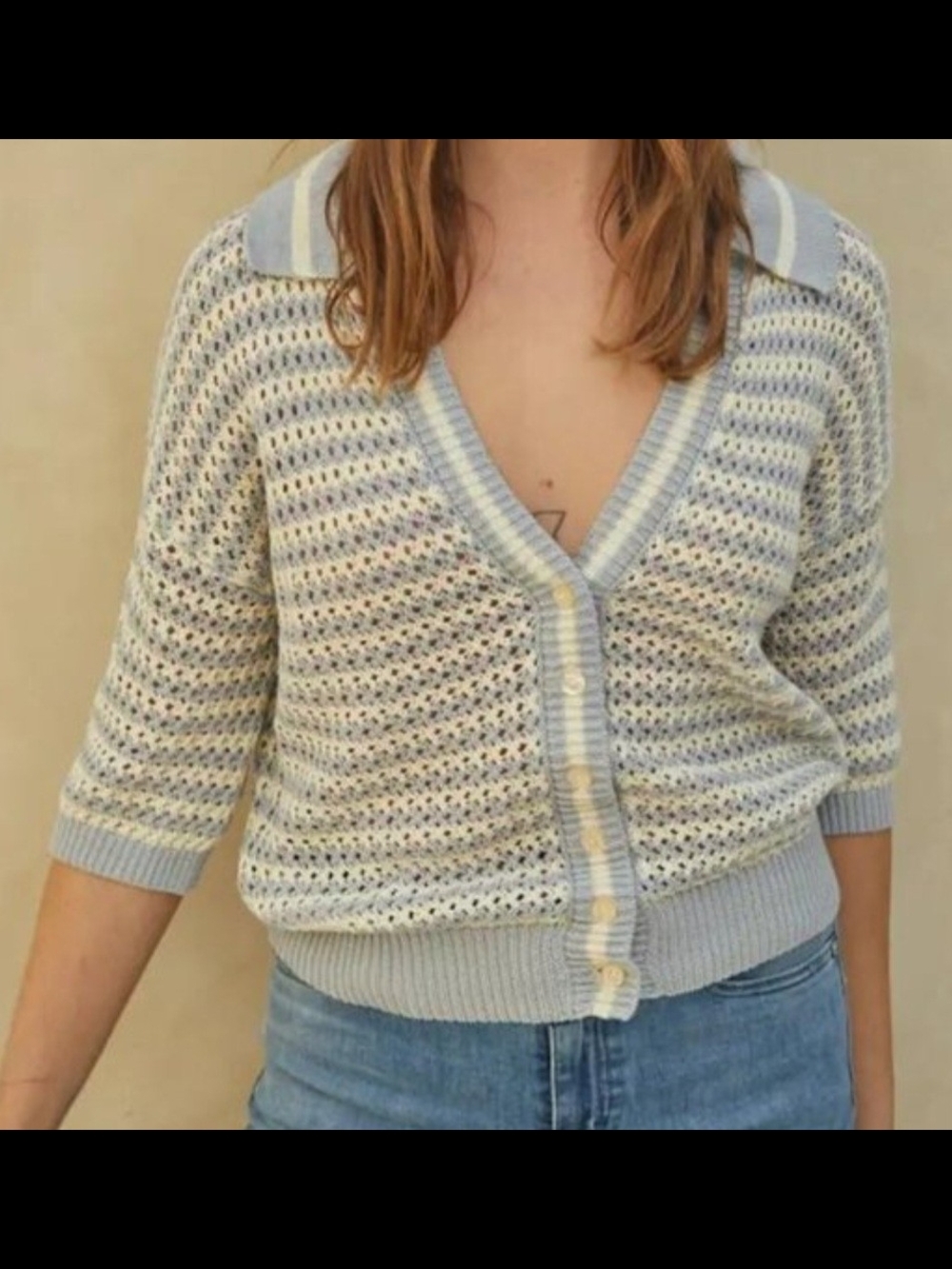 By Together Light Blue & Cream Open Knit Button-Front Cardigan